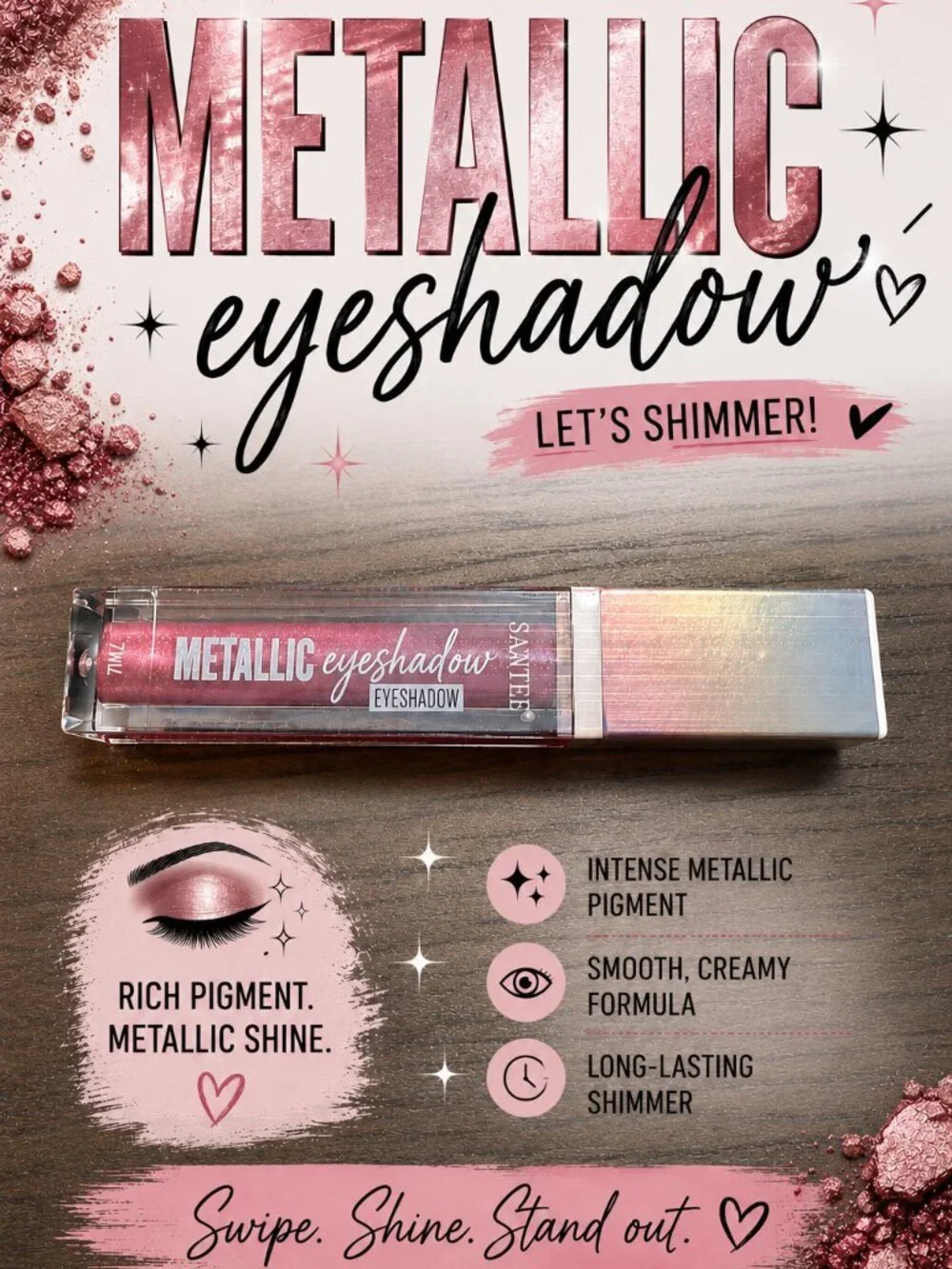 Santee Metallic Liquid Eyeshadow Shimmer Sparkle Warm Pink ST486 NEW